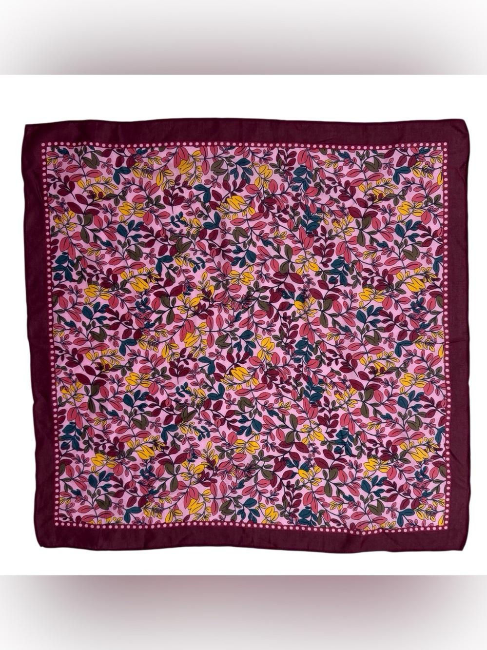 Talbots Gathered Leaves Square 20 x 20 inch Scarf multi-color w/burgundy border